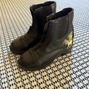 Black Kids Riding Boots with Unicorn Embroidery